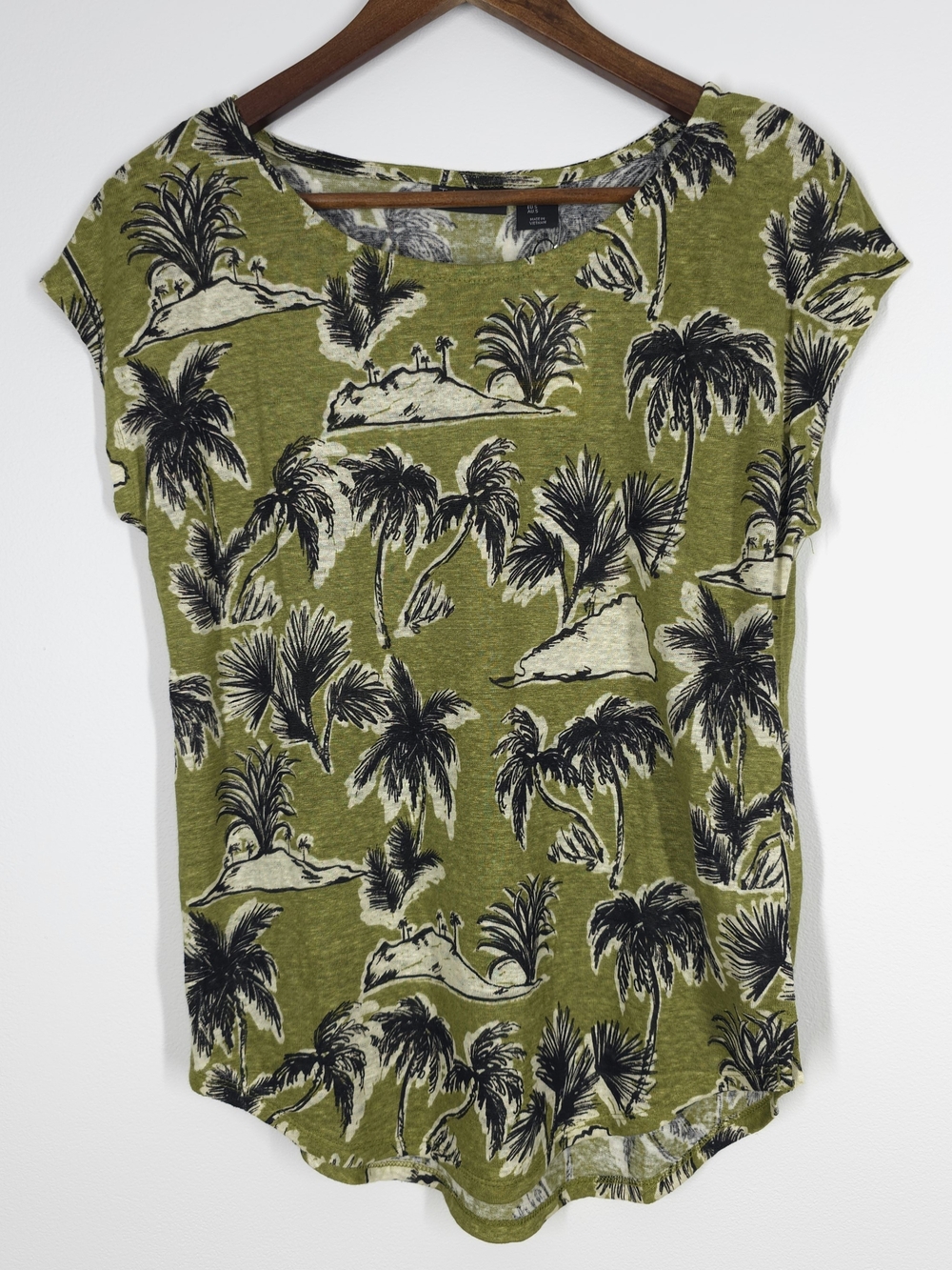 Tahari Luxe Linen Tropical Palm Print Top Green Black Size S NWT